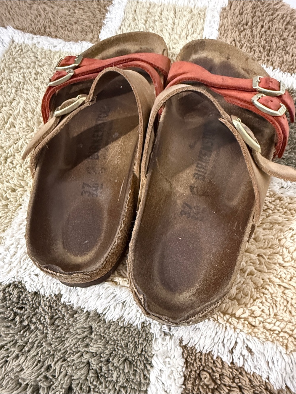 Birkenstock Two-Tone Red and Tan Cross-Strap Leather Slide Sandals - Picture 2 of 4